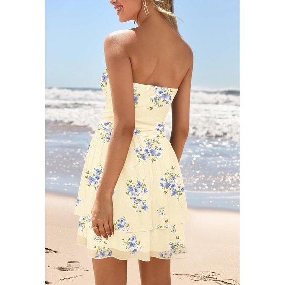 Women’s Summer Floral Strapless Tube Dress Boho Mini Ruffle Tiered - Picture 4 of 6